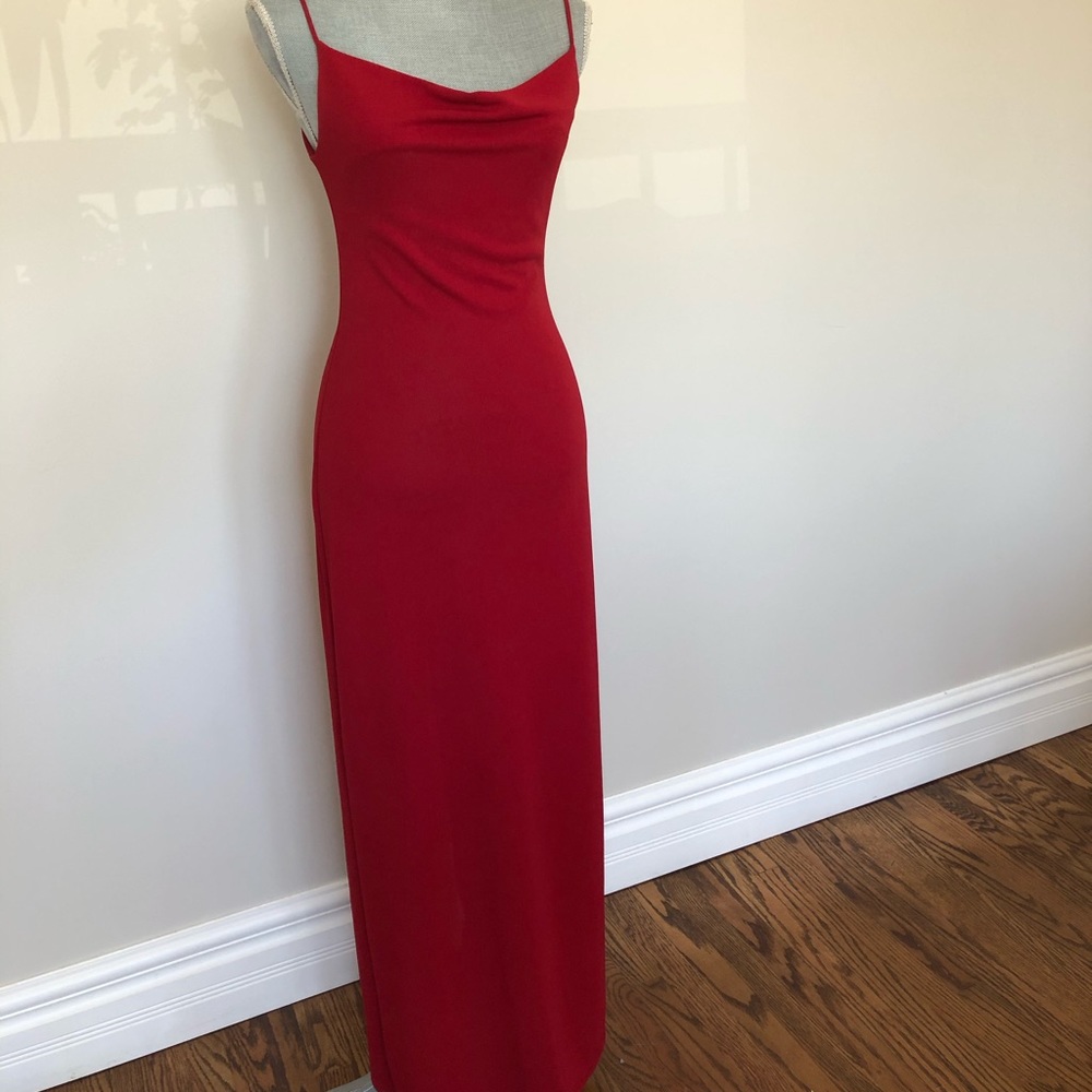 Spaghetti strap ankle length red dress.